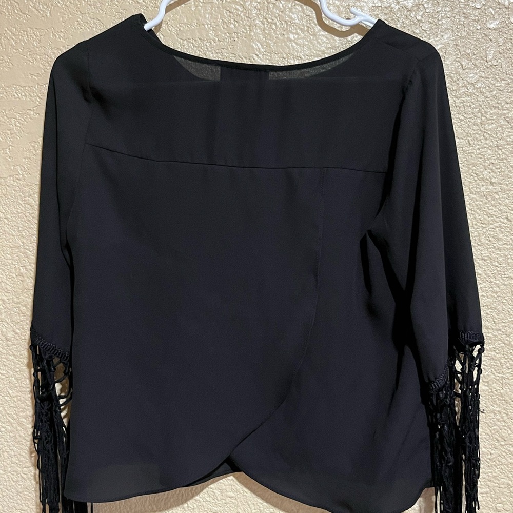 BCX Black Blouse with Fringe Detail